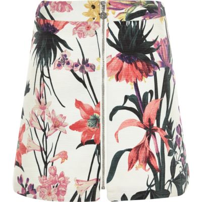 Girls cream floral print zip-up skirt